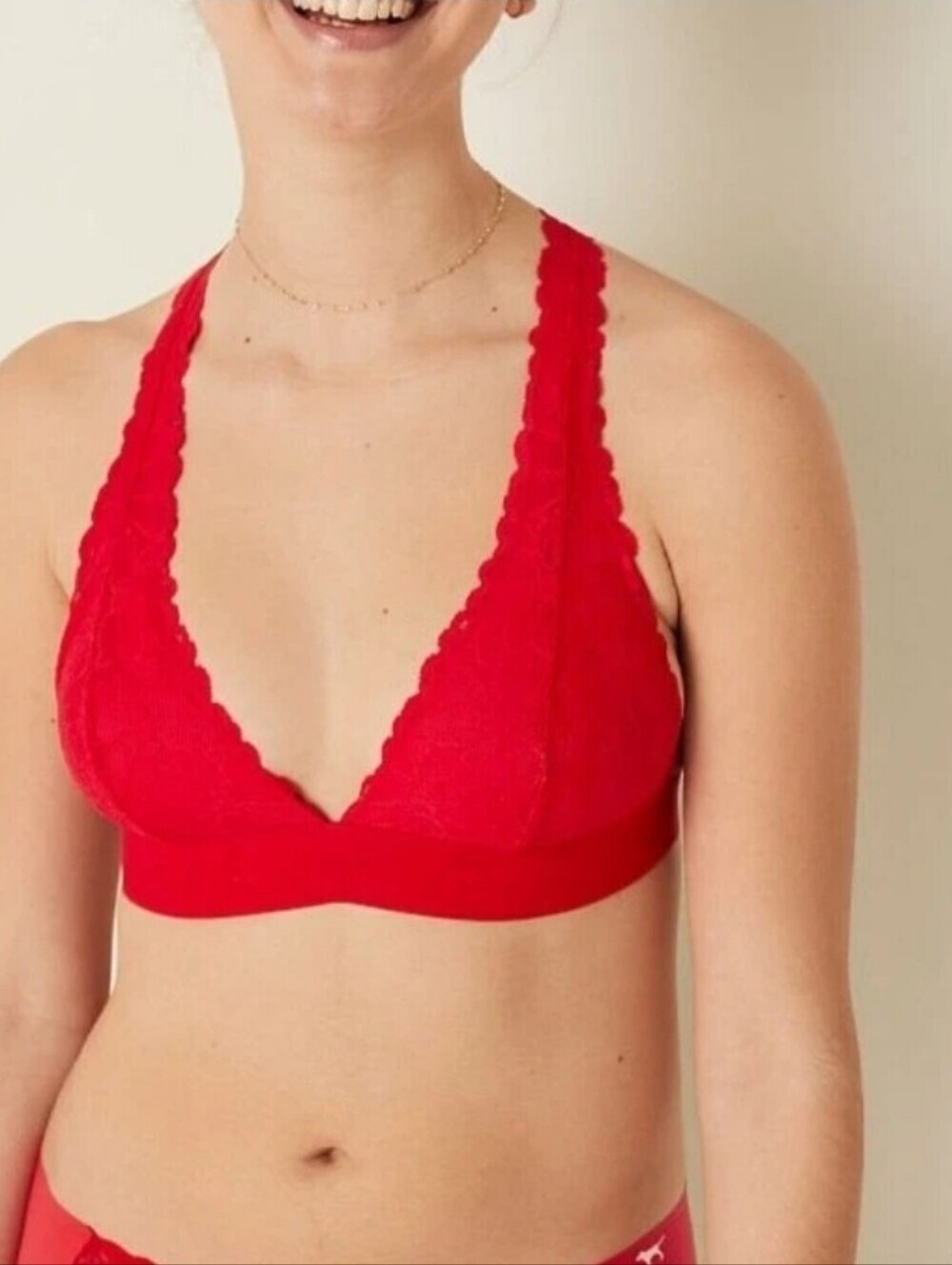 VS PINK Red love Pink Strappy Logo lace  bralette PADDED REMOVABle XS
